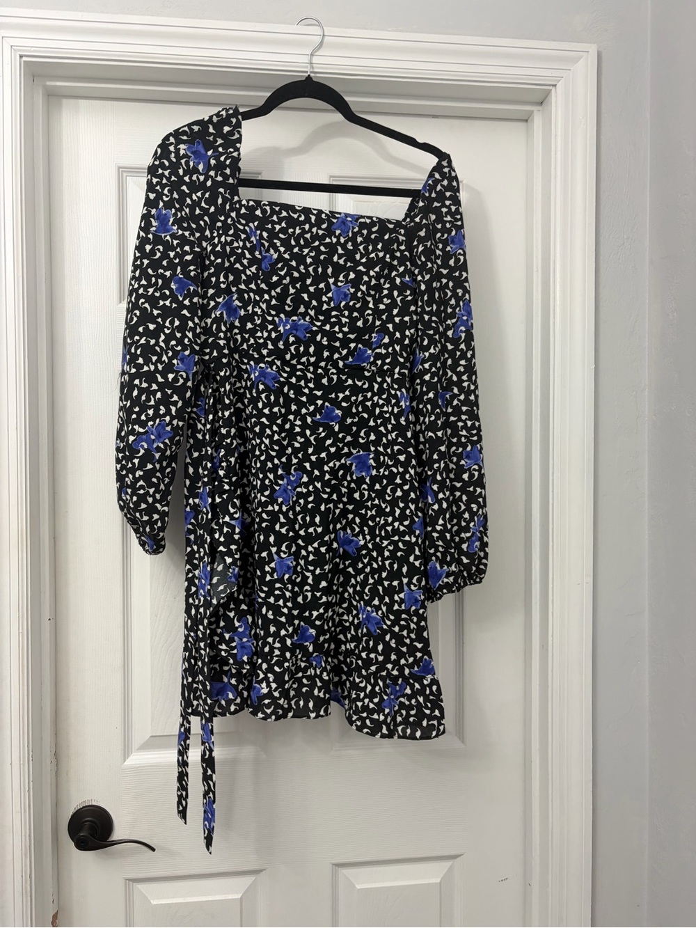 Black Floral Wrap Dress with Blue Accent Flowers